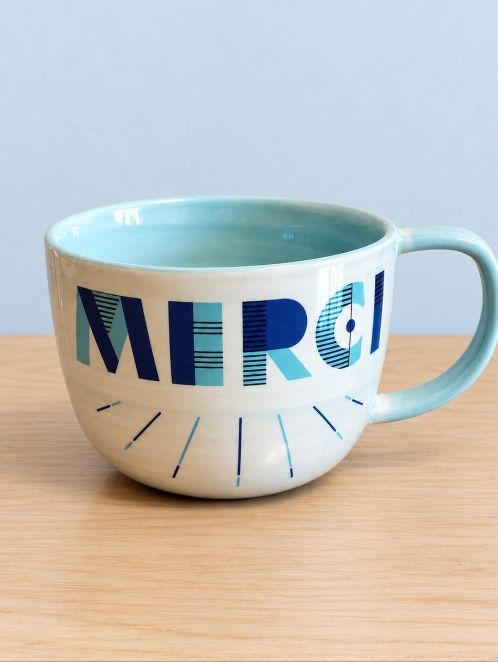 ANTHROPOLOGIE Merci Coffee Mug Cup Blue French Typographic Typography New